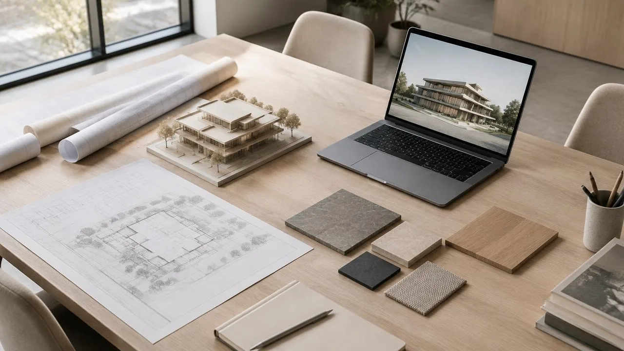 Architectural conference table with drawings, a model and material samples