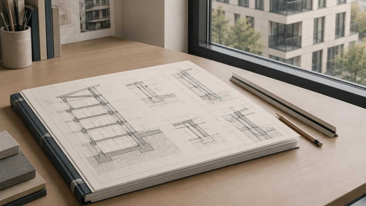 Bound construction drawings beside a window overlooking a modern building
