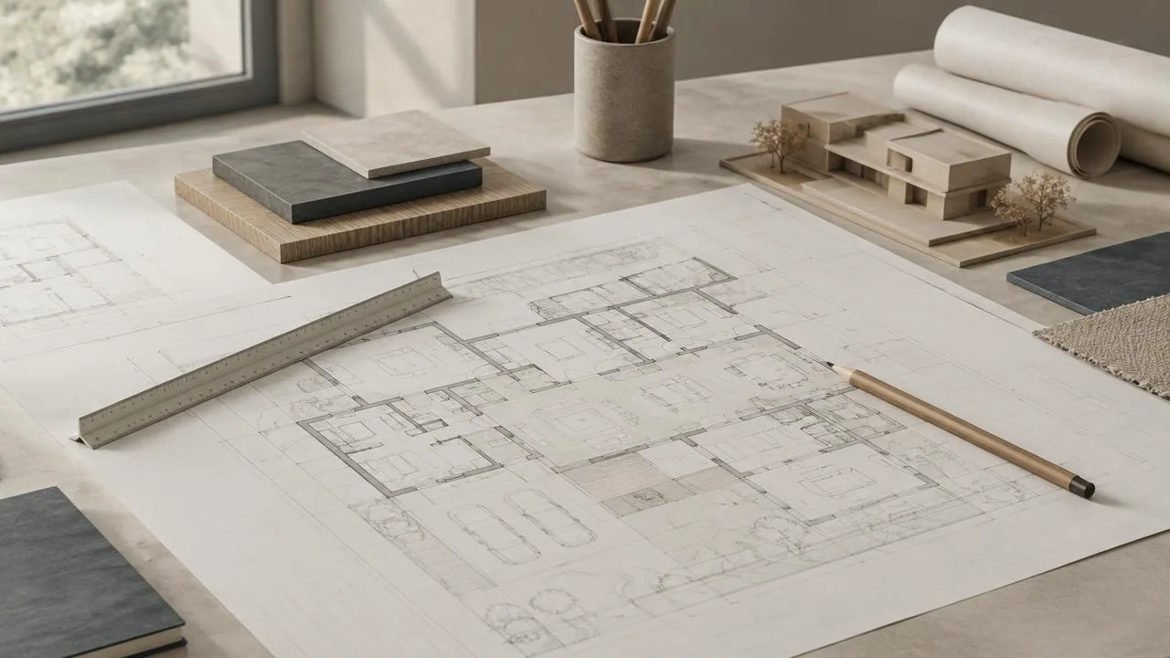 Architectural plans with a scale ruler and pencil in natural daylight
