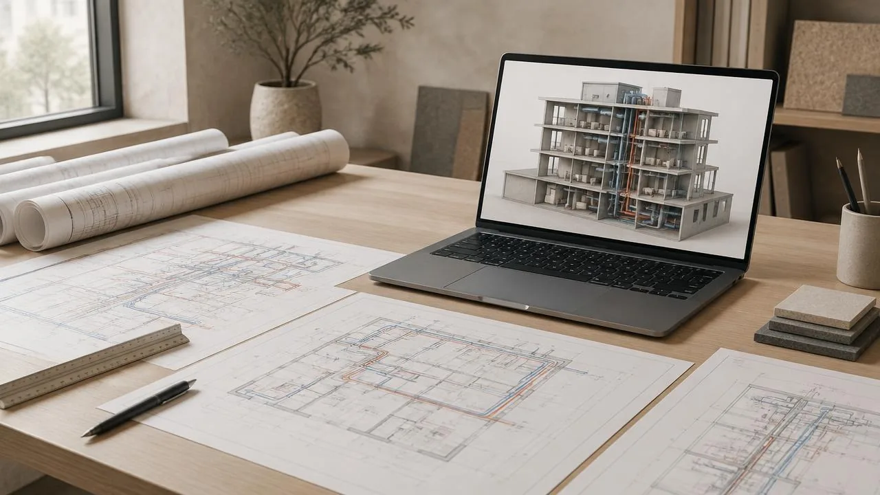 Coordinated engineering drawings and a building model on a laptop